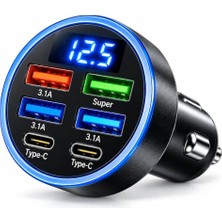 6 Portlu Araç Şarj Cihazı 4 USB + 2 Type-C, LED Akü Voltaj Göstergeli, 3.1A Çoklu Şarj Soketi, Oto Çakmaklık USB Adaptörü