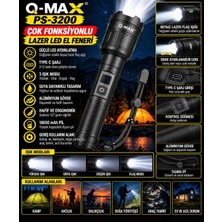 Q-Max PS-3200 Çok Fonksiyonlu Şarjlı LED El Feneri – Beyaz Işık, Ayarlanabilir Zoom,modu, Type-C Şarjlı