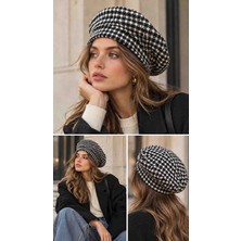 Betty Bands Kadın Siyah Beyaz Kazayağı Desenli Fransız Bere – Retro Vintage Paris Stil Dökümlü Şapka