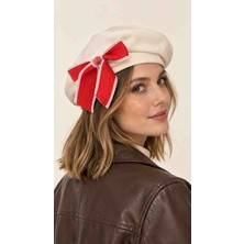 Betty Bands Kadın Krem Fransız Bere Kırmızı Fiyonk Detaylı Şık Retro Vintage Paris Stil Şapka