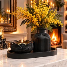 Siyah Lotus Kase ve Çizgili Vazo Seti – 3’lü El Yapımı Tepsili Minimalist Dekor – Modern Ev & Ofis Aksesuarı