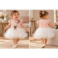 Baby Tek Kız Bebek Çiçek Aplikeli Tüllü Abiye Elbise Pembe Ekru