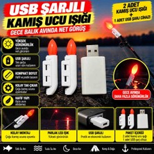 2 Adet USB Şarjlı LED Olta Kamış Ucu Işığı – Gece Balık Avı Için Kırmızı Işıklı, Klipsli, Şarj Cihazı Hediyeli Set