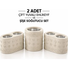 Mottopi Ehlikeyf Şişe Soğutucu ve 2 Adet Çift Kadeh Bardak Soğutucu-Mermer Renk
