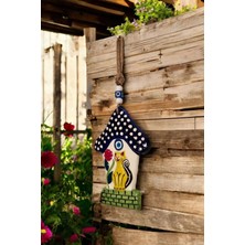 Revard Home Nazar Boncuklu Sevimli Kedi ve Lacivert Ev Figürlü Seramik El Yapımı Dekoratif Duvar Süsü 16X23 cm