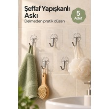 Evgereçlerim Kendinden Yapışkanlı Şeffaf Askı Kanca 5 Adet Delmeden Montaj Duvar Kancası Banyo Mutfak