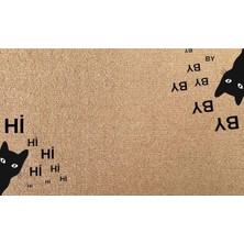 Eldione Kaymaz Tabanlı Baskılı Şık Kapı Önü Paspası 45X70 cm Coco Hasır Görünümlü Velür Kedi Figürlü Paspas