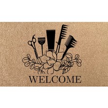 Eldione Kaymaz Tabanlı Baskılı Şık Kapı Önü Paspası 45X70 cm Coco Hasır Görünümlü Velür Kuaför Paspası Taraklar
