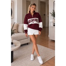 Lima Bordo Kadın Melbourne Baskılı Oversize Sweatshirt Yarım Fermuarlı Dik Yaka Uzun Kollu Sweat
