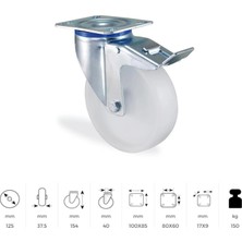 CATEKSSS 3302 Mmb 125 F18 Oynak Tabla Bağlantılı, Mavi Pasifize Edilmiş Galvaniz Kaplı, Tekeri ve Maşayı Kilitleyen Fren Sistemli Maşa Polipropilen Kasnaklı, Polipropilen Sırtlı, Kendinden Burçlu Teker - 2’li