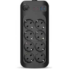 5 Metre Termal Akım Korumalı 8'li Priz Çoklayıcı, 2 USB 2 Type-C Girişli 16A 4000W Sekizli Dö