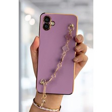Ragy Samsung A04 Kılıf Lüks Yonca Zincir Askılı Gold Çerçeveli Elçek  Kadın Telefon Kapak