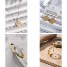 Gold Renk 316L Çelik Zirkon Detaylı 4'lü Takı Seti Kolye Küpe Bileklik Yüzük
