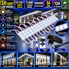 Powerr Led Aydınlatma 20 Adet 12V 1,5W 3 Lensli 6500K Beyaz Mini LED Modül 3A Priz Adaptör 12A Tek Renk Rf Dimmer Set