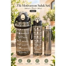 Madamev 3'lü Motivasyonel Matara Seti 2000 ml 750 ml 280 ml Pipetli Su Şişesi Silikon Contalı Kapak Taşıma Askısı ve Sticker Dahil Spor Okul Ofis Için Su Meşrubat Şişesi Taşınabilir Suluk Siyah Renkli