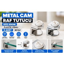 FREKANS Metal Cam Raf Tutucu Düz Krom – Beyaz Plastik Vidalı Raf Sabitleyici (5 Adet)