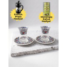 Airobazar Çini Desenli 2 Kişilik Çay Bardağı Seti - Tabaklı Ince Belli Çay Takımı + French Press & Menengiç Kahve Hediyeli