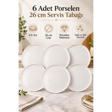 Atbyhome Duru 6'lı Beyaz Porselen Servis Tabağı Seti 26 cm - Düz Kenar Büyük Boy Ana Yemek Ve Sunum Tabağı Takımı