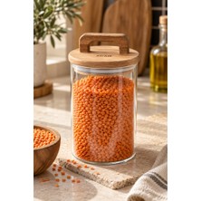 Atbyhome 9'lu Kulplu Akasya Kapaklı Borosilikat Cam Kavanoz Seti 900 ml - Vakumlu Erzak Bakliyat Kabı