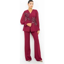 Dorne Moda Kadın Işlemeli Bluz Pantolon Takım Şifon Kol Detaylı Şık Ikili Takım