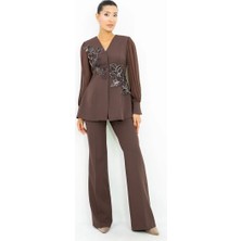 Dorne Moda Kadın Işlemeli Bluz Pantolon Takım Şifon Kol Detaylı Şık Ikili Takım
