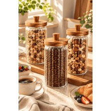 Atbyhome 3'lü Akasya Ahşap Kapaklı Çizgili Cam Kavanoz Seti 950 ml - Vakumlu Erzak Bakliyat Kabı