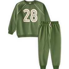 Cigit Şardonlu Karyoka Detaylı Baskılı Sweatshirt Takım 2-10 Yaş Yağ Yeşili