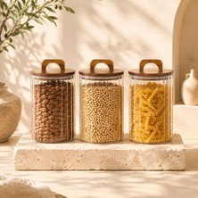 Tr 2450 ml Zahire Kavanozu 3'lü Set, Ahşap Kapaklı Kulplu Cam Erzak Saklama Kabı, Bakliyat Makarna Kahve Kuruyemiş Saklama Kavanozu, Ribbed Cam Mutfak Düzenleyici Kavanoz Seti