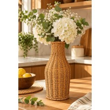 Atbyhome Doğal Hasır Rattan Çiçek Vazosu 25.5 cm - Masa Üstü Dekoratif El Örgüsü Kuru Çiçeklik ve Saksı