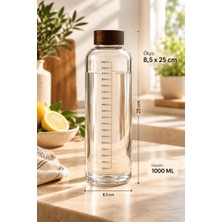 Atbyhome Akasya Kapaklı Ölçü Çizgili Cam Su Şişesi 1000 ml - 1 Litre Buzdolabı Içi Detoks Sürahisi ve Matara