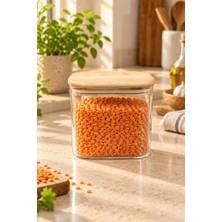 Atbyhome Doğal Bambu Vakum Kapaklı Dikdörtgen Borosilikat Cam Kavanoz 650 ml - Çay Kahve ve Baharat Saklama Kabı