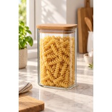 Atbyhome Bambu Kapaklı Dikdörtgen Borosilikat Cam Erzak Kavanozu 1050 ml - Vakumlu Makarna ve Bakliyat Kabı