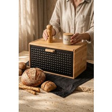 Atbyhome Çift Açılır Kapaklı Bambu Ekmek Kutusu 35.5X23.5X21 cm - Siyah Mat Metal Tezgah Üstü Ekmeklik