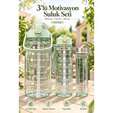 Madamev 3'lü Motivasyonel Matara Seti 2000 ml 750 ml 280 ml Pipetli Su Şişesi Silikon Contalı Kapak Taşıma Askısı ve Sticker Dahil Spor Okul Ofis Için Su Meşrubat Şişesi Taşınabilir Suluk Yeşil Renkli