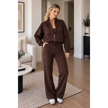 Lima Kahve Kadın Fermuarlı Dik Yaka Eşofman Takımı Oversize Sweatshirt ve Bol Paça Pantolon Ikili Takım