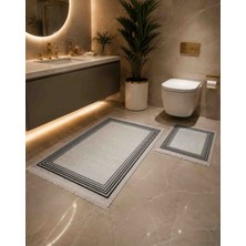 Estetika Lüks Çizgili Saçaklı 2’li Banyo Paspas Seti 60X100 + 50X60 cm | 30°c Yıkanabilir