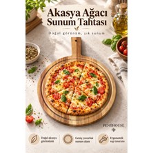 Penthouse %100 Doğal Akasya Ağacı Yuvarlak Sunum Tahtası 28 cm Saplı Pizza Kahvaltı ve Şarküteri Servis Tabağı