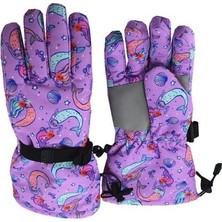 Petityu Su Geçirmez Kız Çocuk Eldiven Kayak ve Snowboard Eldiveni Mor Denizkızı 5-10 Yaş