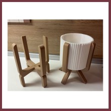Storeşahin 3D Baskı Ayaklı Çizgili Saksı - Bej Standlı Dekoratif Saksı - Beyaz SHN0720