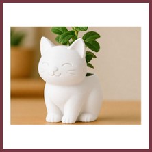 Storeşahin 3D Baskı Sevimli Kedi Saksı - Figürlü Sukulent Saksısı-Beyaz SHN0720