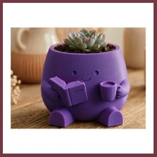 Storeşahin 3D Baskı Kitap Okuyan Saksı - Kupa Tutan Sevimli Saksı-Mor SHN0720