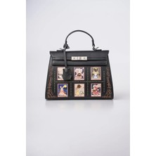 Ççs Kadın Tavşan Figürlü Tarot Kartı Desenli Vintage Deri Görünümlü Metal Tokalı El ve Kol Çantası Siyah 18400