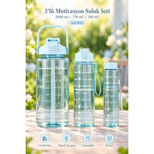 madamev 3lü Motivasyonel Suluk Matara Seti 2000+750+280ML Pipetli Sticker Askılı Spor Okul Su Şişesi Mavi