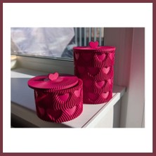 Storeşahin 3D Baskı Kalp Kapaklı Dekoratif Saklama Kutusu Takı Aksesuar Organizer Kavanoz Dalgalı Desen Fuşya SHN0720