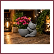 Storeşahin 3D Baskı Sarılan Kedi Saksı - Sevimli Dekoratif Saksı - Gri SHN0720