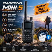 Baofeng Mını-5 Dual Band El Telsizi 2200MAH Type-C Bataryalı Bluetooth Programlama Siyah