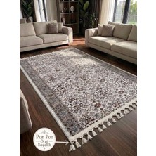 NarStore Home Merinos Çiçekli Otantik Pon Pon Saçaklı Krem Yeşil Kalın Kaymaz Taban Kesme Yolluk Halı