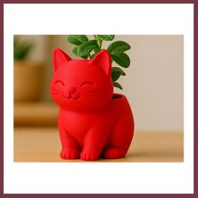 Storeşahin 3D Baskı Sevimli Kedi Saksı - Figürlü Sukulent Saksısı-Kırmızı SHN0720