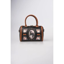Ççs Kadın Kedi Desenli Vintage Deri Görünümlü Silindir Model Fermuarlı El ve Omuz Çantası Siyah 18402