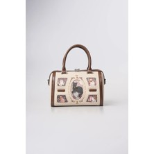 Ççs Kadın Kedi Desenli Vintage Deri Görünümlü Silindir Model Fermuarlı El ve Omuz Çantası Beyaz 18402